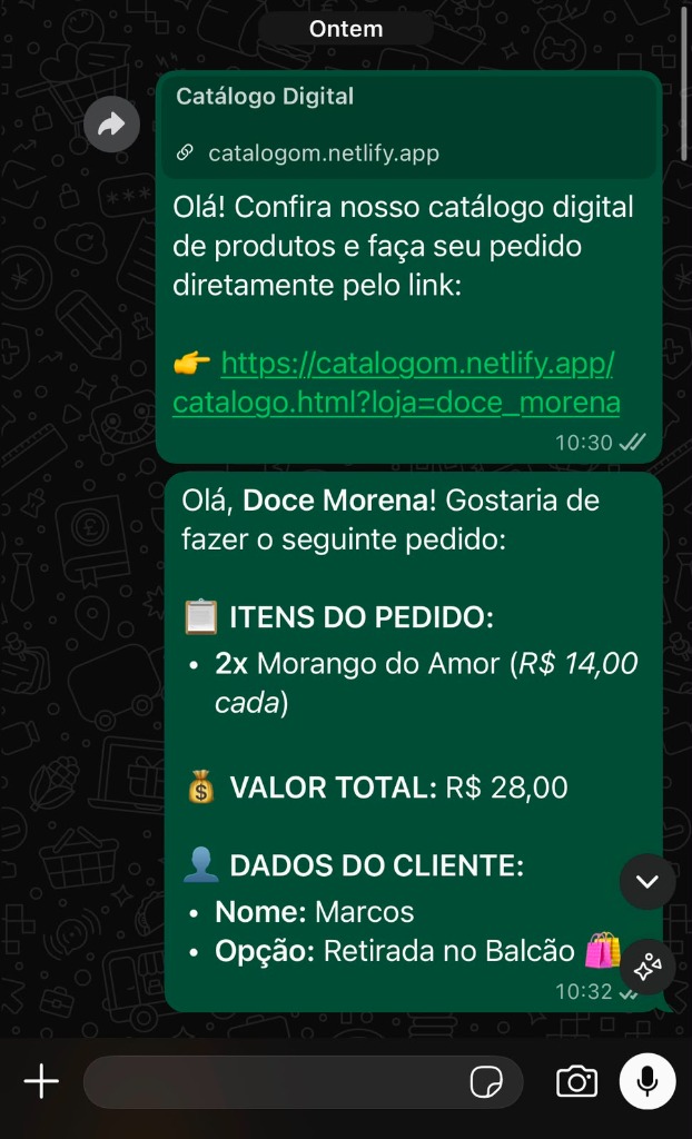 Formato do pedido recebido no WhatsApp